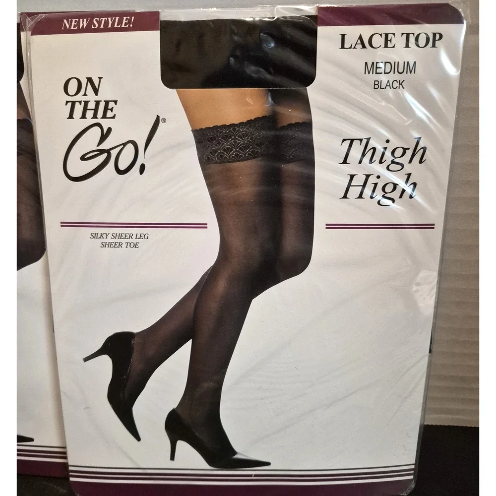 On The Go! Silky Sheer Thigh High Stockings Black Stay Up Lace Top 2 Pairs Sz M